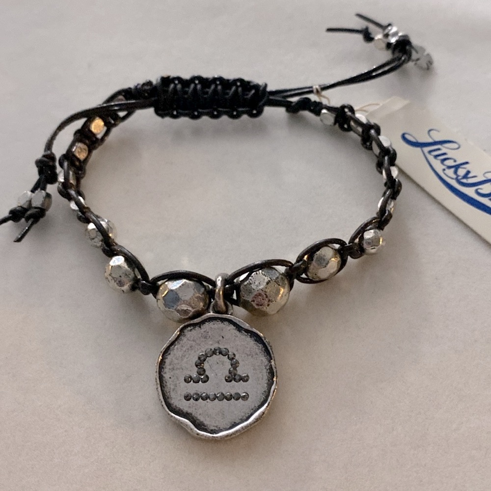 Lucky Brand Libra charm leather pull tie bracelet silver NWT